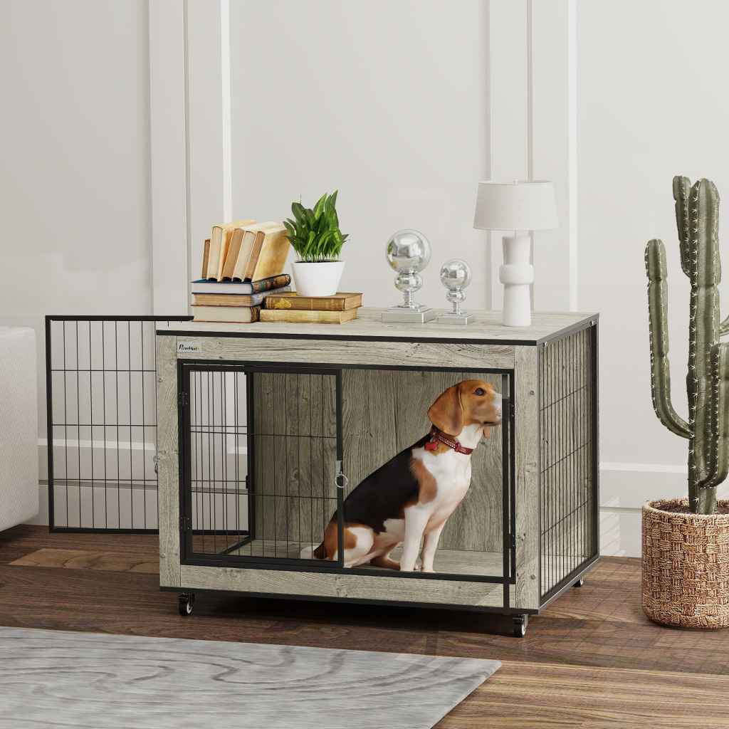 PawHut Dog Crate Furniture on Wheels, Dog Cage End Side Table with ...