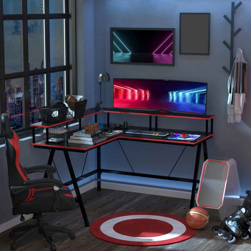 HOMCOM L Shaped Gaming Desk with Monitor Stand - Space-Saving Black ...