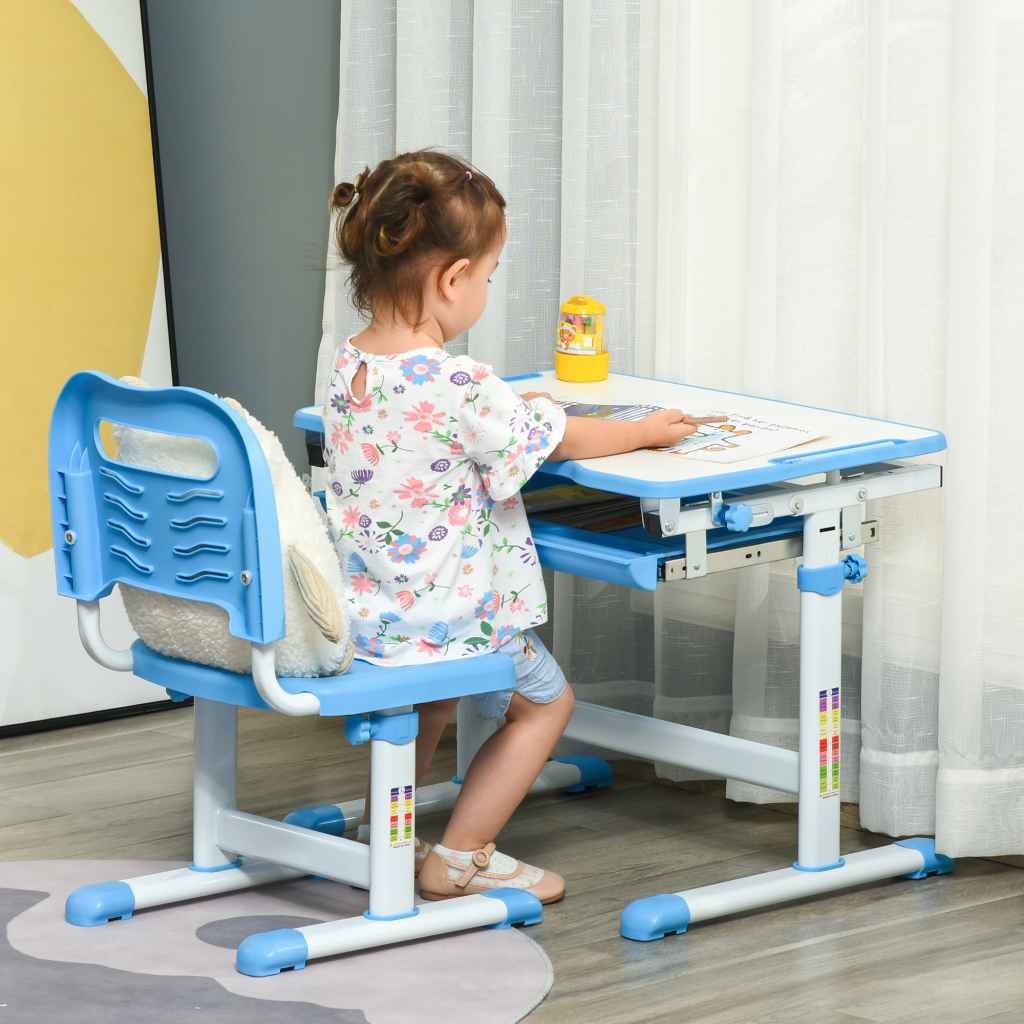 Adjustable Kids Desk & Chair Set - HOMCOM Blue Study Table with Storage ...
