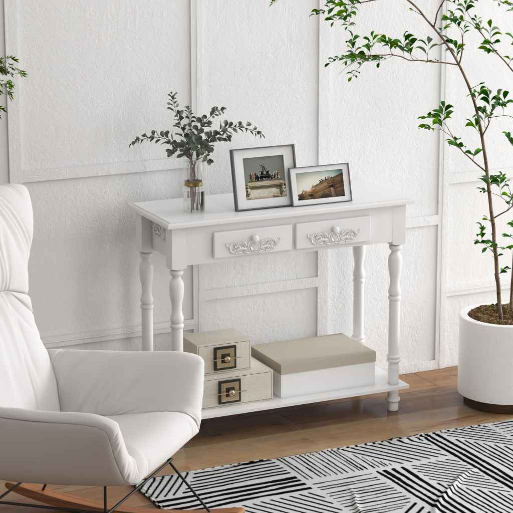 White Modern Console Table with Storage Shelves and Drawers for Living ...