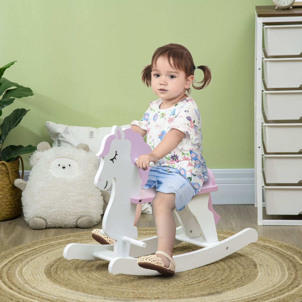 HOMCOM Kid Wooden Rocking Horse, Ride-On Toy with Handlebar, Foot Pedal ...