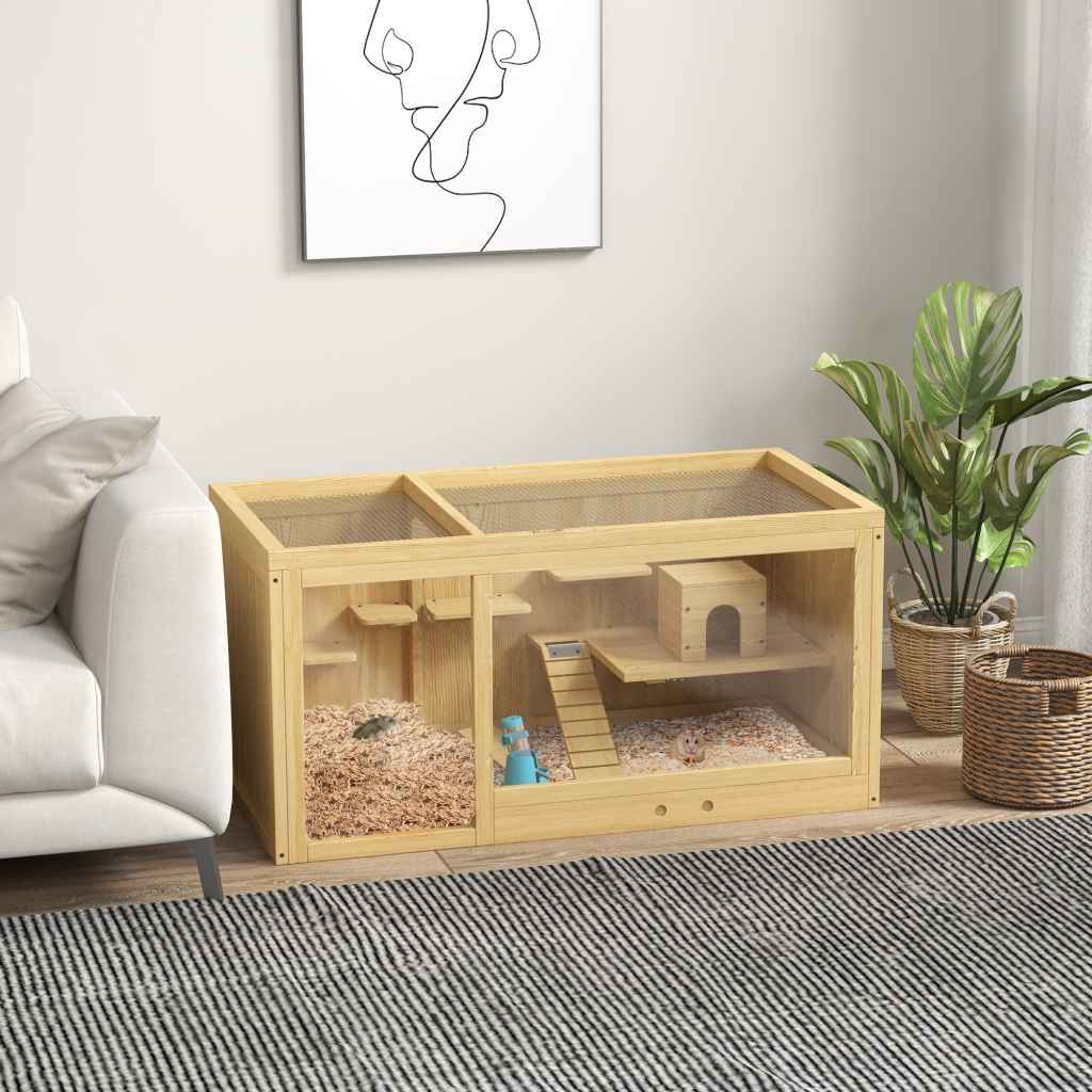 PawHut Wooden Hamster Cage with Water Bottle, Small Animal Exercise ...