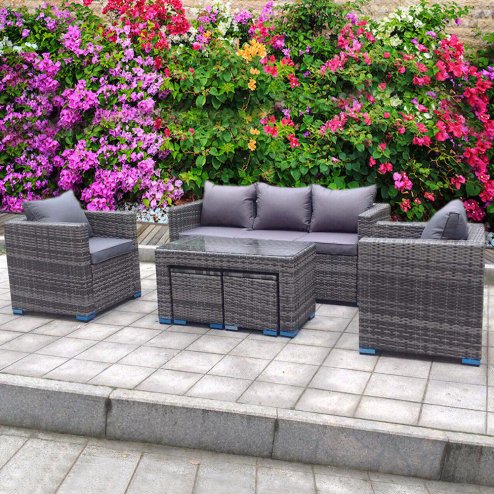 RATTAN GREY COFFEE TABLE STROAGE WICKER CONSERVATORY OUTDOOR GARDEN FURNITURE SET CORNER SOFA TABLE GREY