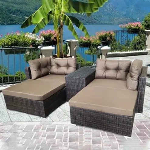 RATTAN GARDEN WICKER OUTDOOR SUN LOUNGER SOFA FURNITURE SET CUBE CORNER DINING BROWN Image