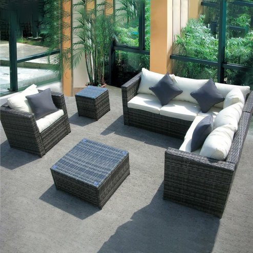 NEW RATTAN WICKER CONSERVATORY OUTDOOR GARDEN FURNITURE SET CORNER SOFA TABLE GREY Image