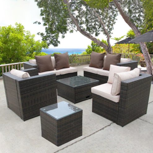 BROWN RATTAN WICKER CONSERVATORY OUTDOOR GARDEN FURNITURE SET CORNER SOFA TABLE Image