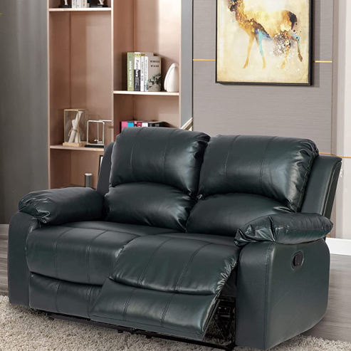 TWO SEATER TWIN 2 RECLINER BLACK SOFA SET SUITES SETTEE BLACK LEATHER 2 SEATER ARMCHAIR FAUX LEATHER Image