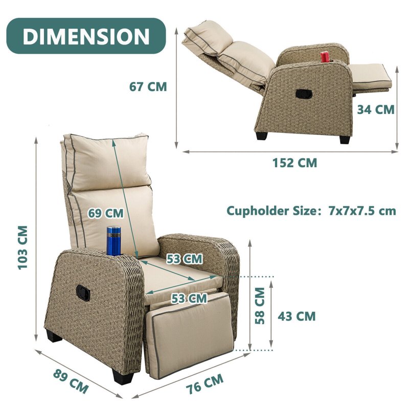 RATTAN RECLINER CHAIR SEAT WICKER GARDEN OUTDOOR SUN LOUNGER FURNITURE PATIO GREY