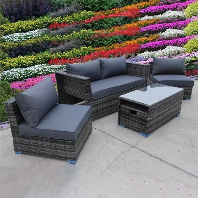 RATTAN WICKER CONSERVATORY OUTDOOR GARDEN FURNITURE SET CUBE SOFA TABLE GREY