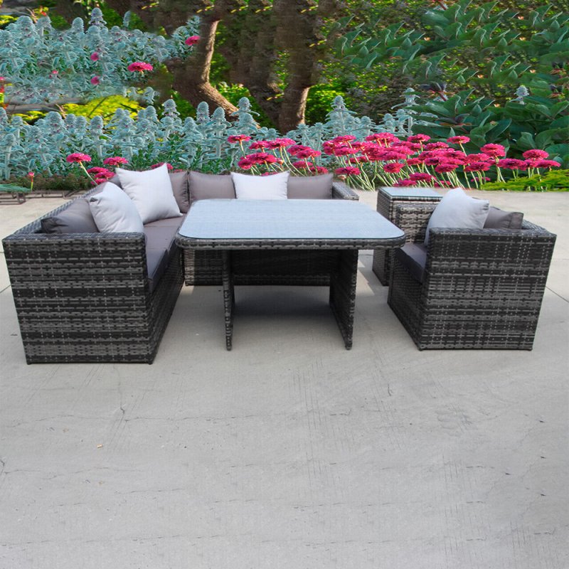 RATTAN DINING GARDEN WICKER OUTDOOR CONSERVATORY CORNER SOFA FURNITURE SET CUBE GREY