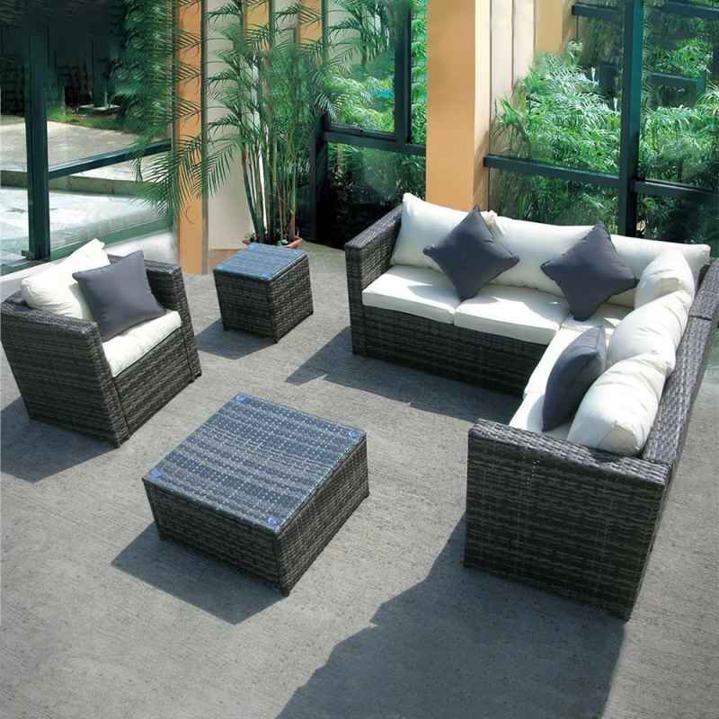 NEW RATTAN WICKER CONSERVATORY OUTDOOR GARDEN FURNITURE SET CORNER SOFA TABLE GREY