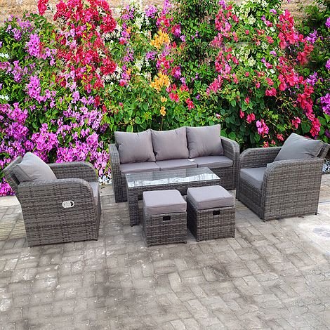 RECLINER RECLINE COFFEE TABLE STOOLS RATTAN WICKER CONSERVATORY OUTDOOR GARDEN FURNITURE SET CORNER SOFA GREY