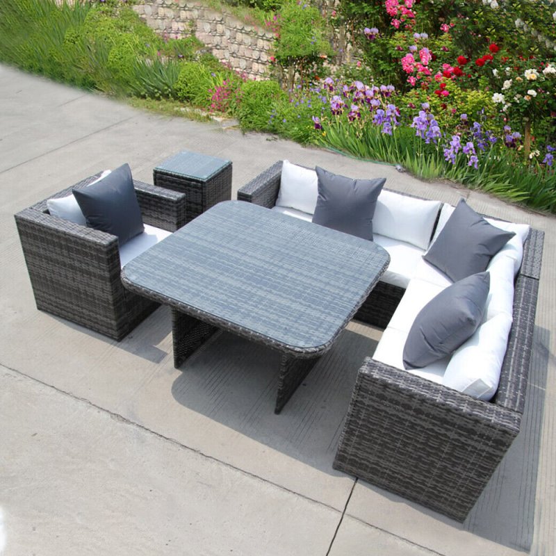 RATTAN DINING GARDEN WICKER OUTDOOR CONSERVATORY CORNER SOFA FURNITURE SET CUBE GREY