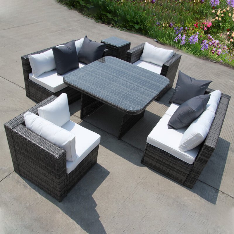  RATTAN DINING GARDEN WICKER OUTDOOR CONSERVATORY CORNER SOFA FURNITURE SET CUBE GREY