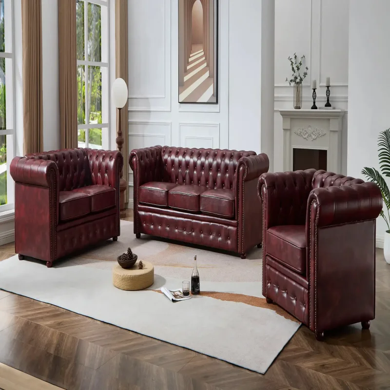 CHESTERFIELD OX RED FAUX LEATHER SOFA SET SUITES SETTEE TWIN TWO SEATER 2 SOFA SEATER ARMCHAIR BROWN