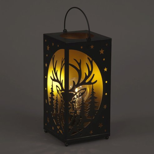 Christmas Metal Lantern with Deer Silhouette - 24 cm Warm White battery operated Light