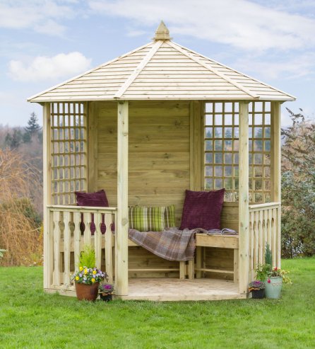 Hexagonal Garden Gazebo Shelter in Pressure Treated Solid Wood - Square Trellis Side