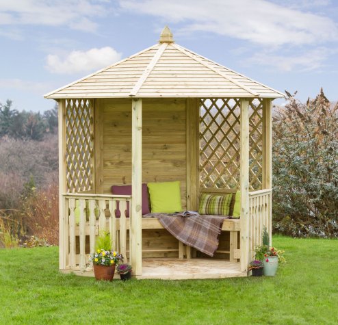Hexagonal Garden Gazebo Shelter in Pressure Treated Solid Wood - Diamond Trellis Sides