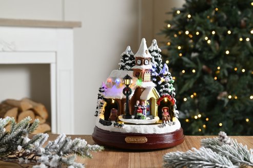 Christmas Pre-lit Village Church Snow Scene with Carol Singing  and moving carriage