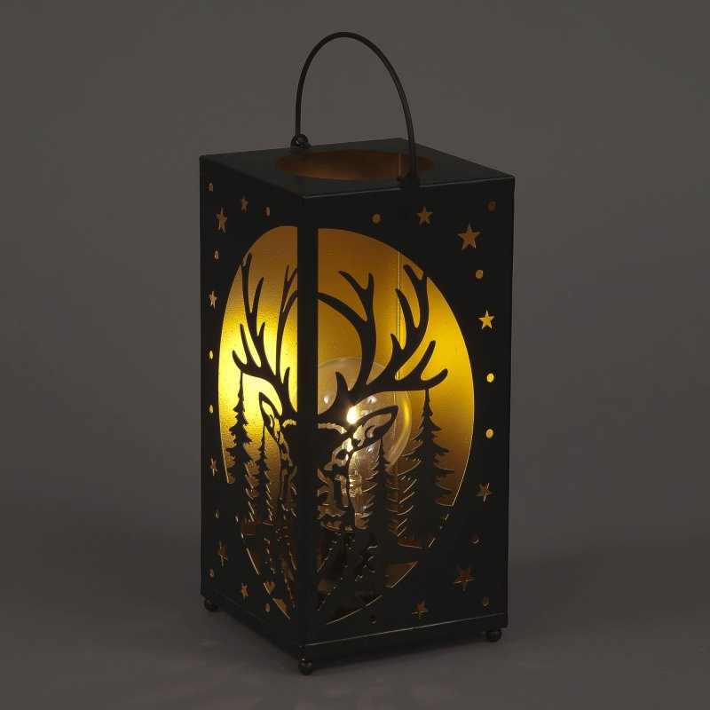 Christmas Metal Lantern with Deer Silhouette - 24 cm Warm White battery operated Light