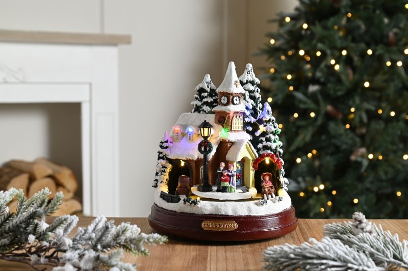 Christmas Pre-lit Village Church Snow Scene with Carol Singing  and moving carriage