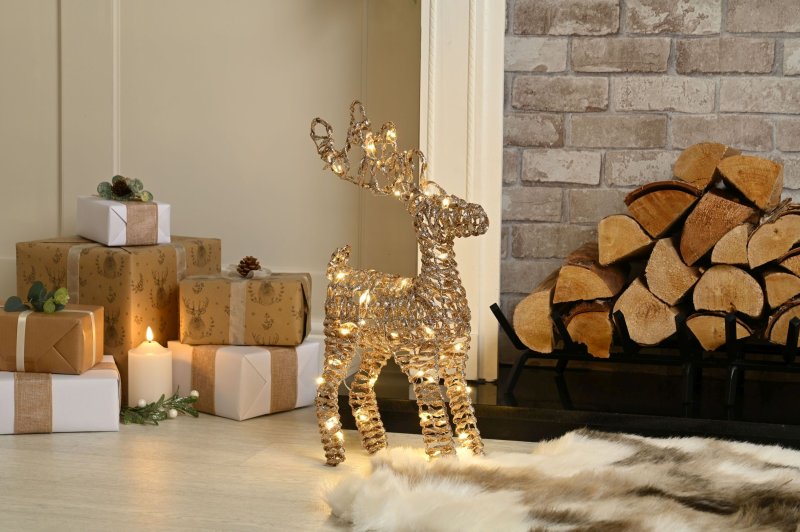 Christmas Champagne Gold Standing Reindeer 55cm pre-Lit with Warm White Led