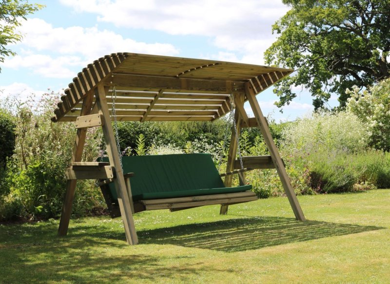 2 Seat Wooden Garden Swing with Canopy & Green Pad