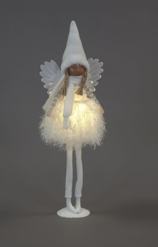Christmas Tall Pre-lit Standing White Angel with Bobble Hat & Scarf - 55cm height