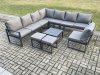 Fimous 10 Seater Patio Outdoor Garden Furniture Aluminium Lounge Corner Sofa Set with Square Coffee Table 2 Small Footstools Dark Grey