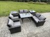 Fimous Rattan Garden Furniture Set Patio Outdoor Lounge Sofa Set with Rectangular Dining Table Love Seat Sofa 2 Side Tables Dark Grey Mixed