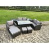 Fimous Lounge Rattan Sofa Set Outdoor Garden Furniture Oblong Rectangular Dining Table With Chairs 3 Footstools 2 Side Tables 8 Seater Dark Grey Mixed