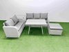 Fimous Outdoor PE Rattan Garden Furniture Set Rectangular Dining Table Sofa Set with Big Stool Side Table Light Grey