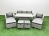 Fimous 9 PCs Rising Dining Table Set Rattan Furniture Set with 3 Seater Sofa Chair 2 Big Footstools 2 Small Footstools Side Table Light Grey