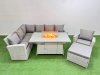 Fimous 8 Seat Rattan Garden Furniture Corner Sofa Set Outdoor Gas Fire Pit Table Sets with Big Footstool Light Grey