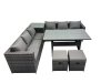 Fimous 8 Seater Outdoor Corner Sofa Dining Table Set Garden Rattan Furniture Set with Side Table 2 Small Stools Dark Grey