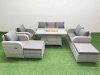 Fimous PE Rattan Garden Furniture Set Reclining Chair Sofa Double Love Seat 2 Seater Sofa Lounge Set Firepit Dining Table 2 Big Footstool Light Grey