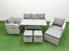 Fimous PE Rattan Garden Furniture Set Reclining Chair Sofa Lounge Sofa Set Rectangular Dining Table Side Table 3 Stools Light Grey
