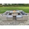 Fimous Outdoor Garden Dining Sets Rattan Furniture Gas Fire Pit Dining Table Gas Heater with 2 Side Tables 2 Big Footstools Light Grey
