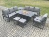 Fimous Aluminium 7 Pieces Garden Furniture Sofa Set with Cushions 9 Seater Gas Fire Pit Dining Table Set with Side Table 2 Small Footstools Dark Grey