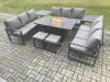 Fimous Aluminium 11 Seater Garden Furniture Outdoor Set Patio Lounge Sofa Gas Fire Pit Dining Table Set with 2 Small Footstools 2 Side Tables Dark Grey