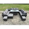 Fimous Outdoor Rattan Furniture Garden Dining Set Gas Fire Pit Table With Side Table Lounge Sofa 3 Footstool
