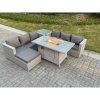Fimous Light Grey Corner Rattan Fire Pit Garden Furniture Set Gas Heater Burner Lounge Sofa With Side Coffee Table Big Footstool