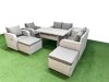 Fimous 8 Seater Outdoor Reclining Chair Love Sofa Set Rattan Garden Furniture Set with Rectangular Dining Table 2 Big FootStools Side Table Light Grey