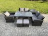 Fimous 7pcs Rattan Outdoor Garden Furniture Set Height Adjustable Rising Lifting Table Sofa Dining Set with Side Table 2 Small Footstools Dark Grey Mixed