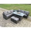 Fimous Rattan Garden Furniture Set with Fire Pit Table 8 Seater Outdoor Patio Lounge Sofa Set Dark Grey Mixed