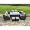 Fimous 8 Seater Outdoor Rattan Garden Furniture Set with Patio Rectangular Dining Table Love Sofa Side Table 2 Small Footstools Dark Grey Mixed