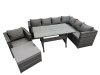 Fimous Rattan Garden Furniture Set Outdoor 8 Seater Patio Dining Corner Sofa Sets with Dining Table Chair Big Stool Dark Grey Mixed
