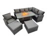 Fimous Outdoor Furniture Garden Dining Set Rattan Corner Sofa Chair Set Gas Fire Pit Table with Temper Glass 2 Big Footstools Dark Grey Mixed