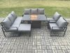 Fimous Aluminium Outdoor Garden Furniture Set Patio Lounge Sofa Gas Fire Pit Dining Table Set with Big Footstool Dark Grey