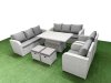 Fimous PE Rattan High Back Lounge Sofa Set Patio Adjustable Lifting Dining or Coffee Table & Chairs Set with 3 Seater Sofa Reclining Chair Stools Light Grey